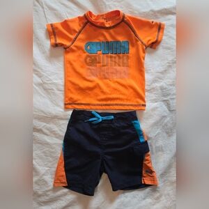 PUMA Baby Boy Swim Set 6-9 Months Rashguard Top and Board Shorts Orange Blue